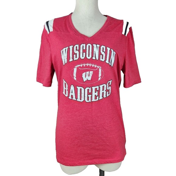 Campus Heritage Tops - Wisconsin Badgers Distressed V-neck T-shirt L